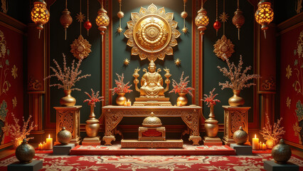 Fototapeta premium Golden Buddha Shrine, Asian Temple Interior - 3D renders and digita.