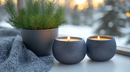 Two Burning Candles Beside a Plant and Blanket