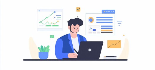 Fototapeta premium Man working on laptop, analyzing data charts and graphs. (1)