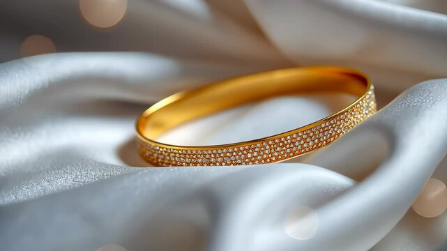Elegant gold bangle adorned with sparkling gems resting on soft fabric. Generative AI