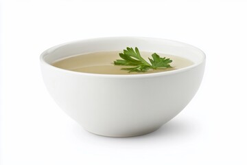 Clear broth in a white bowl garnished with parsley.