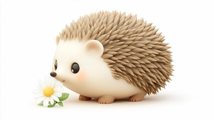 Cute cartoon hedgehog sniffing a daisy flower.