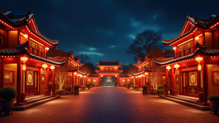 Fototapeta premium Illuminated Chinese Temple at Night - Night Photography