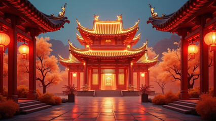 Fototapeta premium Illuminated Chinese Temple, Lantern Festival - Asian-inspired design