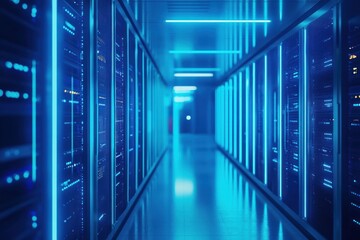 Blue-lit server room corridor, data center, digital, technology, network, future