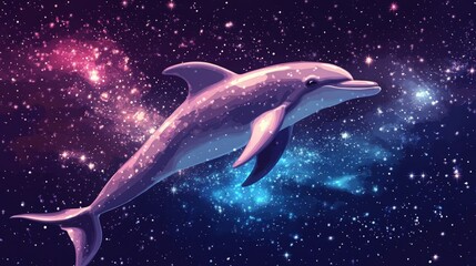 Fototapeta premium A dolphin soars through a vibrant galaxy, its pink hue contrasting with the cosmic background.