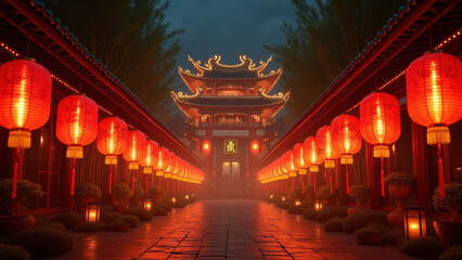 Fototapeta premium Lantern-Lit Chinese Temple Pathway - Cultural immersion