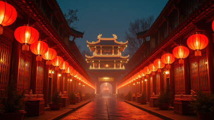 Fototapeta premium Lantern-Lit Chinese Temple Pathway - Atmospheric Photography