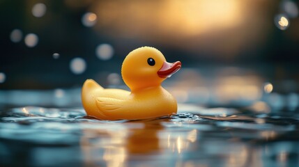 Cheerful Yellow Rubber Duck Floating on Serene Water with Gentle Ripples and Soft Lighting in Nostalgic Bathroom Ambiance