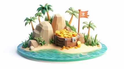 Wandcirkels Piraten Low-poly 3D render of a treasure island with gold coins, palm trees, rocks, and a pirate flag.  © BerkahStock