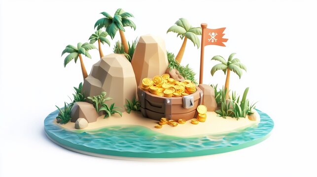 Low-poly 3D render of a treasure island with gold coins, palm trees, rocks, and a pirate flag.