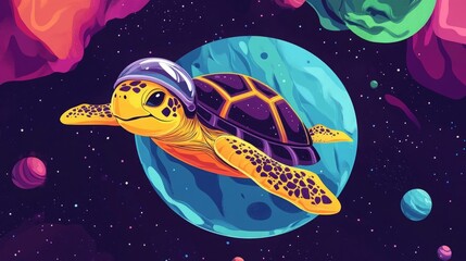 Obraz premium A cheerful turtle astronaut floats through vibrant space, wearing a helmet.