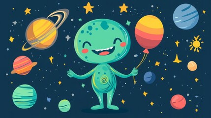 Naklejka premium Joyful alien in space holding a colorful balloon, surrounded by planets and stars.
