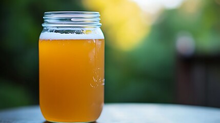 A glass jar contains a light amber colored beer