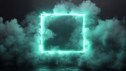 Glowing teal neon square frame in smoky dark background.