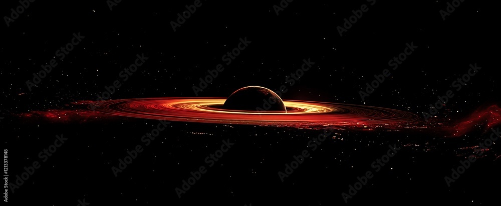 Wall mural planet surrounded by a fiery red accretion disk in space.