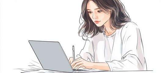 Woman working on laptop, focused and concentrated.