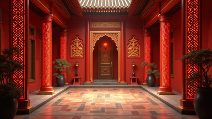 Obraz premium Red Chinese Courtyard Entrance, Asian Architecture - Asian-inspired.