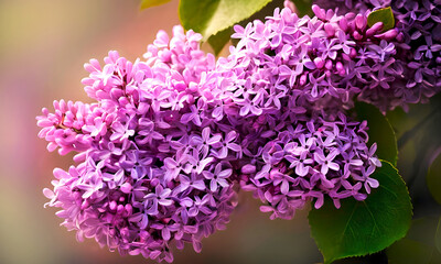 Obraz premium Close-up of vibrant purple lilac flowers in full bloom, surrounded by green leaves on a soft blurred background, symbolizing spring beauty