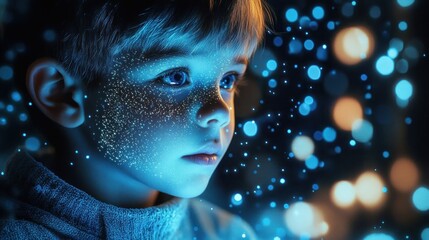 Child Engaged with Futuristic Tablet Featuring Hologram and Face Recognition for Privacy in a Digital Learning Environment