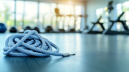 A tangled blue gym rope lies on the floor