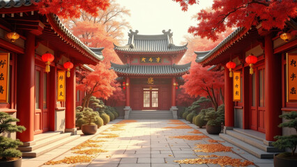 Serene Autumn Temple Courtyard in China - Asian-inspired design