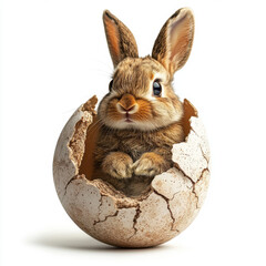 Obraz premium Charming Bunny Emerging From A Cracked Eggshell With Realistic Details And Soft Textures On A White Background, Perfect For Easter And Spring-Themed Designs