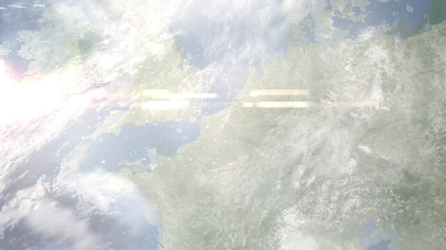Earth zoom in from space and focus on Lille, France. Background for travel blog or intro. Satellite view. 3D style animation. Images from NASA.