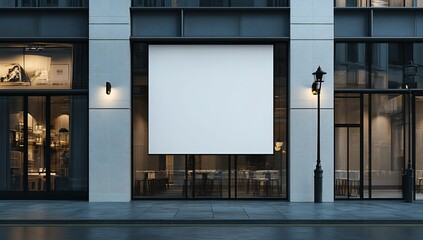 Blank storefront signage on city street at night.