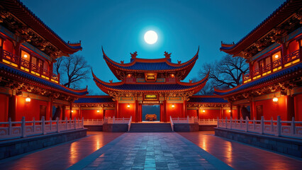 Fototapeta premium Serene Chinese Temple at Night, Full Moon - Night photography/Moody.