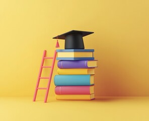 Graduation cap on colorful books with ladder. (7)