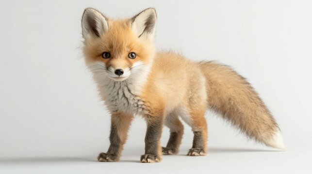 Adorable red fox kit standing on a white background.