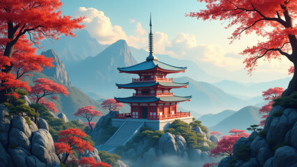 Obraz premium Serene Japanese Pagoda in Autumn Mountains - Vibrant Autumnal Colors