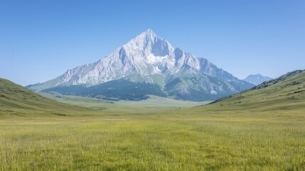 Fototapeta premium Majestic mountain peak overlooking vast green valley, summer landscape