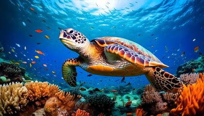 Obraz premium Close-up of a sea turtle gliding through a lively coral reef ecosystem