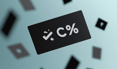Black card with percentage and checkmark symbol, floating in teal background with blurred shapes.