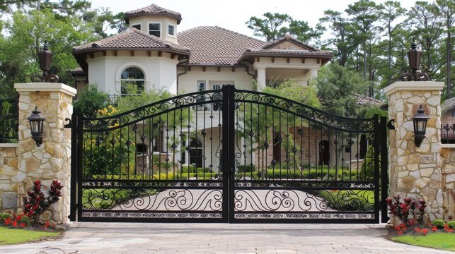 Iron Gate: An ornate, heavy-duty entry gate made of wrought iron, known for its intricate design and robust construction, often used for estates or private properties.
