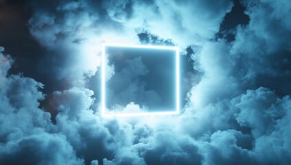 Glowing neon square frame in dramatic cloudscape.