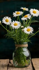 Obraz premium Rustic Daisy Bouquet in Glass Jar Spring Flowers White Daisies Floral Arrangement