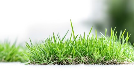 Lush green grass tufts on white background; nature, growth