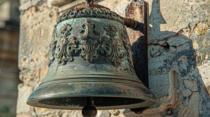 Obraz premium Bell (Church or Tower): A sizable, cast-metal instrument used in towers or churches, known for its deep, resonant tones that echo over long distances to signal or mark time. 