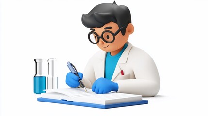 3D cartoon scientist writing in notebook.