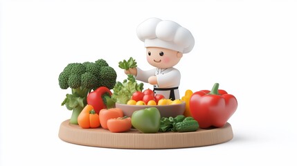 Adorable 3D chef preparing fresh vegetables.