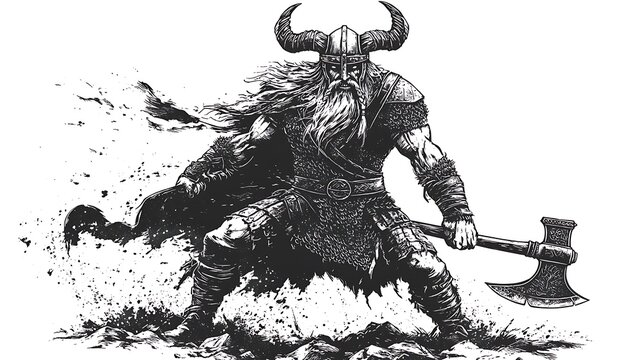 Viking warrior with battle axe and horned helmet standing fiercely black and white scratch board engraving