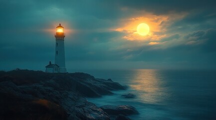 Fototapeta premium Lighthouse Illuminating Misty Ocean Waves and Rocky Cliffs at Dusk Creating Moody Coastal Seascape
