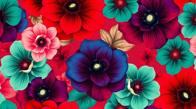 A bold seamless pattern composed of large scale floral blooms in rich jewel tones of ruby red, sapphire blue, and emerald green, with a detailed botanical illustration style, emphasizi.