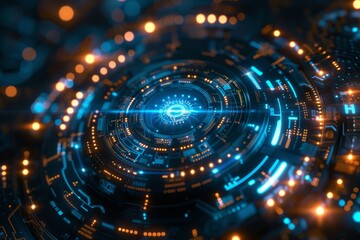 Obraz premium Abstract futuristic tech background with glowing blue and orange lights.