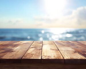 Wooden Tabletop with Blurred Ocean Background