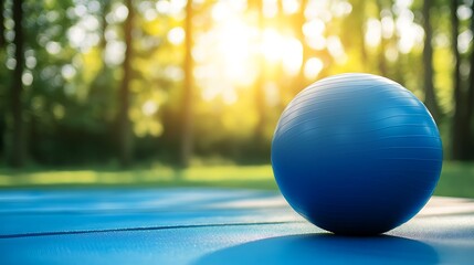 Blue Exercise Ball Outdoors in Sunny Forest Setting
