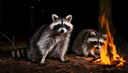 Obraz premium Raccoons Gathered Around a Campfire in a Forest at Night